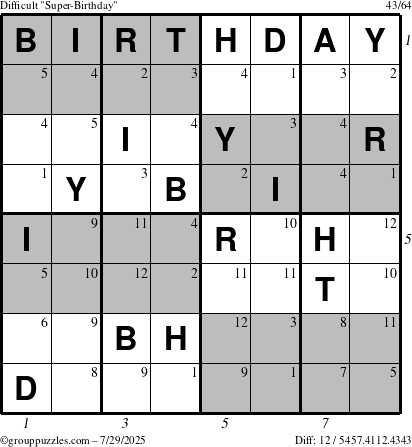 The grouppuzzles.com Difficult Super-Birthday puzzle for Tuesday July 29, 2025 with all 12 steps marked