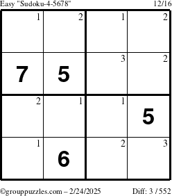 The grouppuzzles.com Easy Sudoku-4-5678 puzzle for Monday February 24, 2025 with the first 3 steps marked