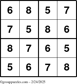 The grouppuzzles.com Answer grid for the Sudoku-4-5678 puzzle for Monday February 24, 2025