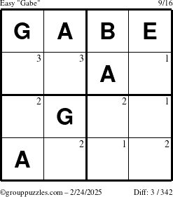The grouppuzzles.com Easy Gabe puzzle for Monday February 24, 2025 with the first 3 steps marked