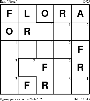 The grouppuzzles.com Easy Flora puzzle for Monday February 24, 2025 with the first 3 steps marked