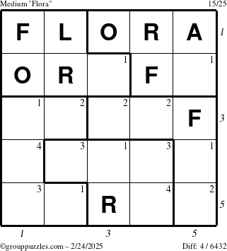 The grouppuzzles.com Medium Flora puzzle for Monday February 24, 2025, suitable for printing, with all 4 steps marked