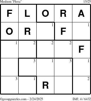 The grouppuzzles.com Medium Flora puzzle for Monday February 24, 2025 with the first 3 steps marked