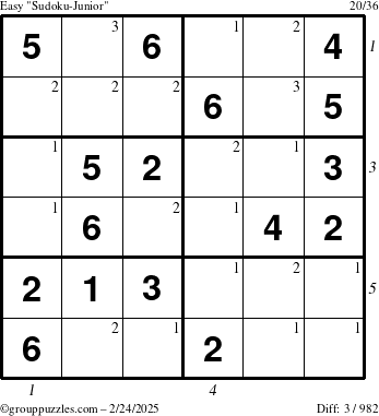 The grouppuzzles.com Easy Sudoku-Junior puzzle for Monday February 24, 2025, suitable for printing, with all 3 steps marked