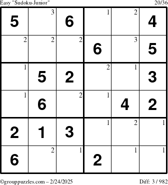 The grouppuzzles.com Easy Sudoku-Junior puzzle for Monday February 24, 2025 with the first 3 steps marked