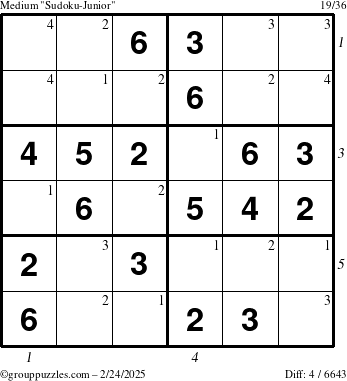 The grouppuzzles.com Medium Sudoku-Junior puzzle for Monday February 24, 2025 with all 4 steps marked