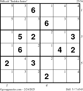 The grouppuzzles.com Difficult Sudoku-Junior puzzle for Monday February 24, 2025 with all 5 steps marked