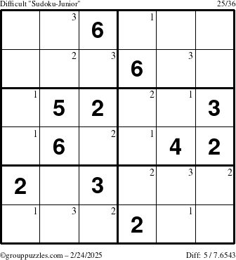 The grouppuzzles.com Difficult Sudoku-Junior puzzle for Monday February 24, 2025 with the first 3 steps marked