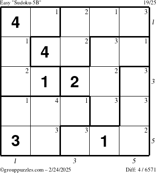 The grouppuzzles.com Easy Sudoku-5B puzzle for Monday February 24, 2025 with all 4 steps marked