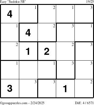 The grouppuzzles.com Easy Sudoku-5B puzzle for Monday February 24, 2025 with the first 3 steps marked