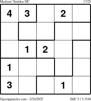 The grouppuzzles.com Medium Sudoku-5B puzzle for Monday February 24, 2025