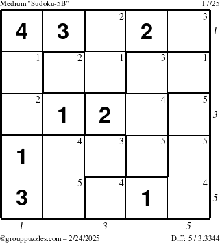 The grouppuzzles.com Medium Sudoku-5B puzzle for Monday February 24, 2025, suitable for printing, with all 5 steps marked