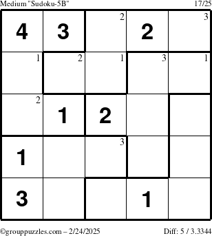 The grouppuzzles.com Medium Sudoku-5B puzzle for Monday February 24, 2025 with the first 3 steps marked