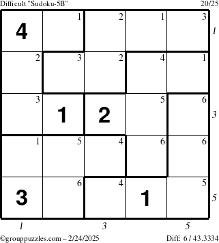 The grouppuzzles.com Difficult Sudoku-5B puzzle for Monday February 24, 2025 with all 6 steps marked