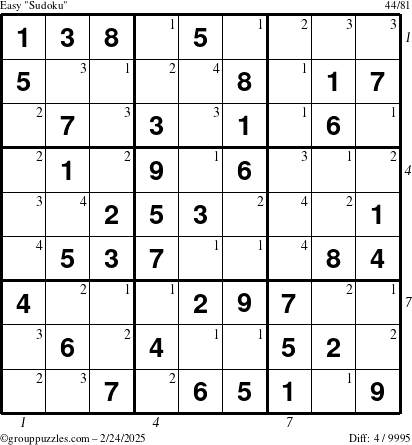 The grouppuzzles.com Easy Sudoku puzzle for Monday February 24, 2025 with all 4 steps marked