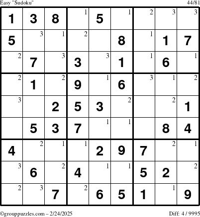 The grouppuzzles.com Easy Sudoku puzzle for Monday February 24, 2025 with the first 3 steps marked