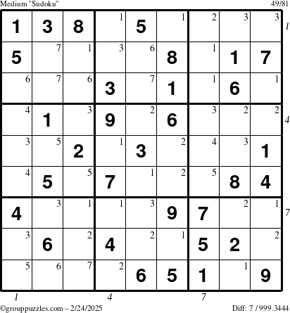 The grouppuzzles.com Medium Sudoku puzzle for Monday February 24, 2025 with all 7 steps marked