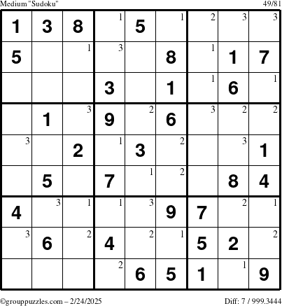 The grouppuzzles.com Medium Sudoku puzzle for Monday February 24, 2025 with the first 3 steps marked