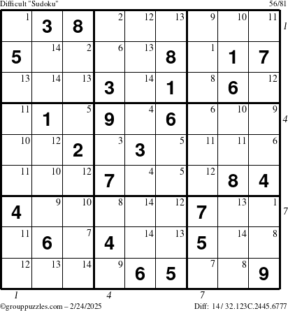 The grouppuzzles.com Difficult Sudoku puzzle for Monday February 24, 2025 with all 14 steps marked