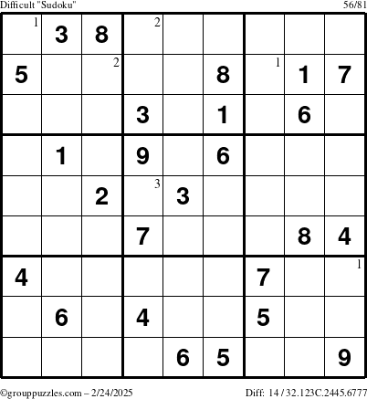 The grouppuzzles.com Difficult Sudoku puzzle for Monday February 24, 2025 with the first 3 steps marked