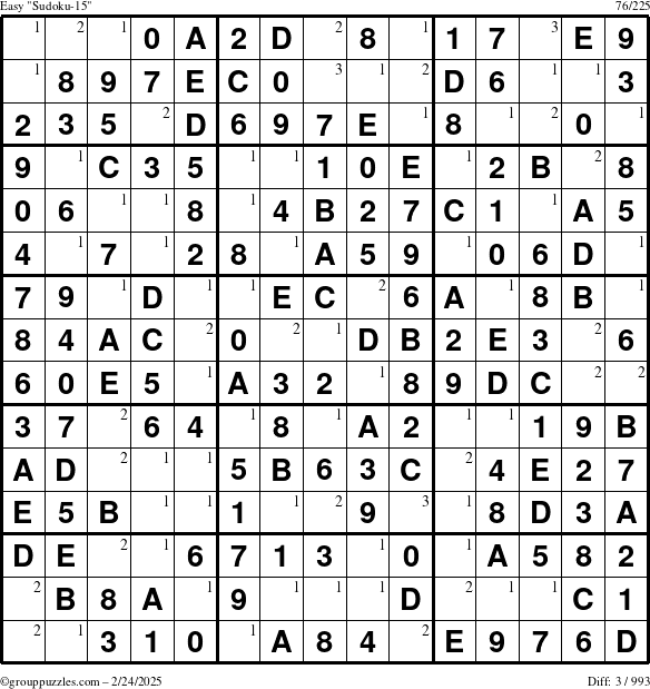 The grouppuzzles.com Easy Sudoku-15 puzzle for Monday February 24, 2025 with the first 3 steps marked