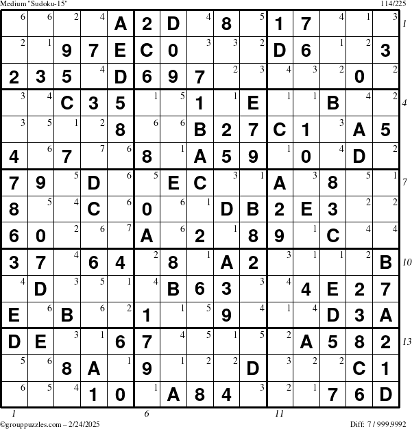 The grouppuzzles.com Medium Sudoku-15 puzzle for Monday February 24, 2025, suitable for printing, with all 7 steps marked