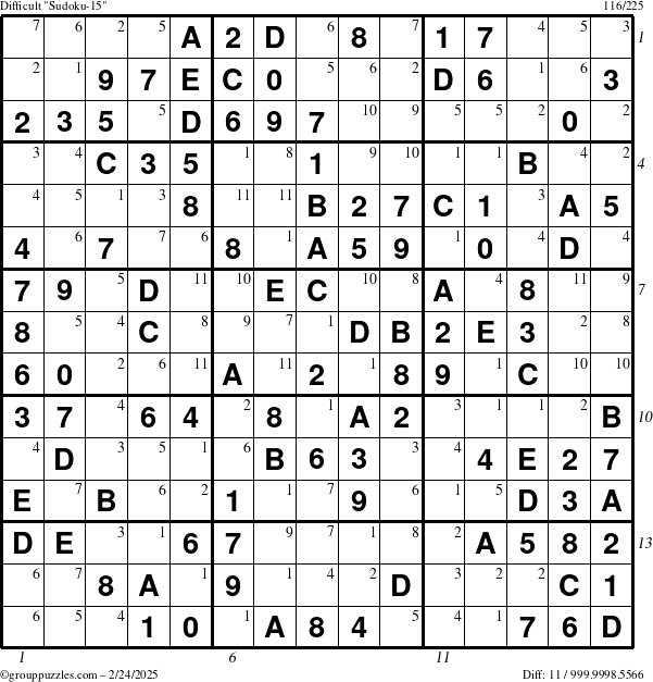 The grouppuzzles.com Difficult Sudoku-15 puzzle for Monday February 24, 2025 with all 11 steps marked