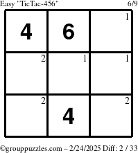 The grouppuzzles.com Easy TicTac-456 puzzle for Monday February 24, 2025 with the first 2 steps marked