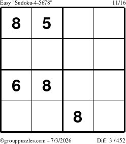 The grouppuzzles.com Easy Sudoku-4-5678 puzzle for Friday July 3, 2026