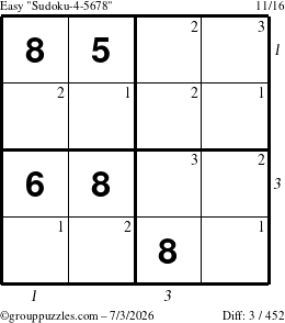 The grouppuzzles.com Easy Sudoku-4-5678 puzzle for Friday July 3, 2026 with all 3 steps marked