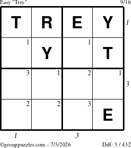 The grouppuzzles.com Easy Trey puzzle for Friday July 3, 2026, suitable for printing, with all 3 steps marked