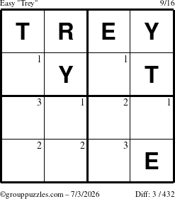 The grouppuzzles.com Easy Trey puzzle for Friday July 3, 2026 with the first 3 steps marked