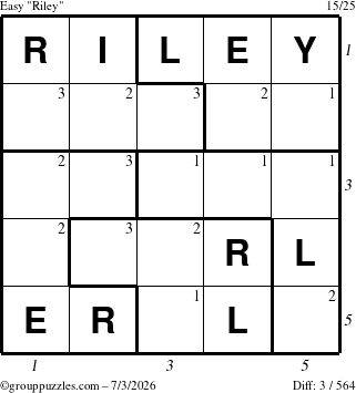 The grouppuzzles.com Easy Riley puzzle for Friday July 3, 2026 with all 3 steps marked