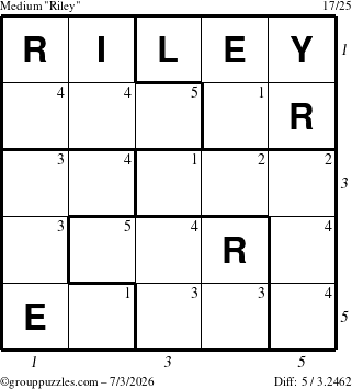 The grouppuzzles.com Medium Riley puzzle for Friday July 3, 2026, suitable for printing, with all 5 steps marked