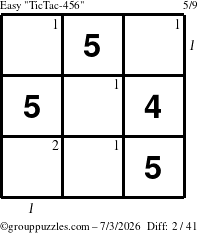 The grouppuzzles.com Easy TicTac-456 puzzle for Friday July 3, 2026, suitable for printing, with all 2 steps marked