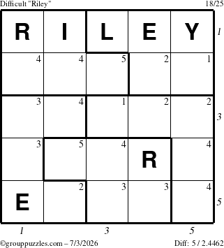The grouppuzzles.com Difficult Riley puzzle for Friday July 3, 2026 with all 5 steps marked