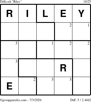 The grouppuzzles.com Difficult Riley puzzle for Friday July 3, 2026 with the first 3 steps marked