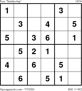 The grouppuzzles.com Easy Sudoku-6up puzzle for Friday July 3, 2026