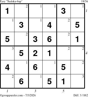 The grouppuzzles.com Easy Sudoku-6up puzzle for Friday July 3, 2026, suitable for printing, with all 3 steps marked