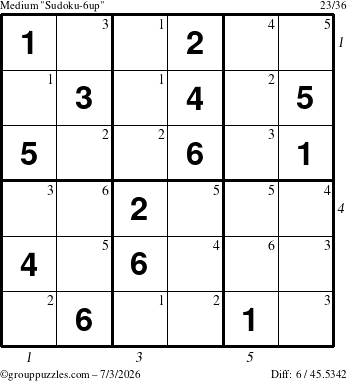 The grouppuzzles.com Medium Sudoku-6up puzzle for Friday July 3, 2026 with all 6 steps marked