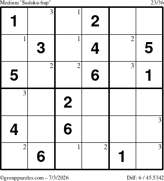 The grouppuzzles.com Medium Sudoku-6up puzzle for Friday July 3, 2026 with the first 3 steps marked