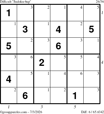 The grouppuzzles.com Difficult Sudoku-6up puzzle for Friday July 3, 2026 with all 6 steps marked