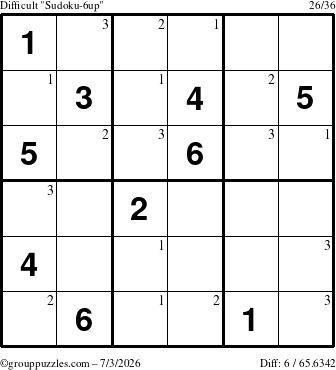The grouppuzzles.com Difficult Sudoku-6up puzzle for Friday July 3, 2026 with the first 3 steps marked