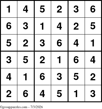 The grouppuzzles.com Answer grid for the Sudoku-6up puzzle for Friday July 3, 2026
