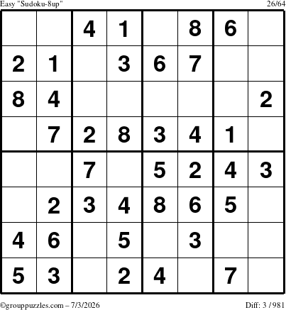 The grouppuzzles.com Easy Sudoku-8up puzzle for Friday July 3, 2026