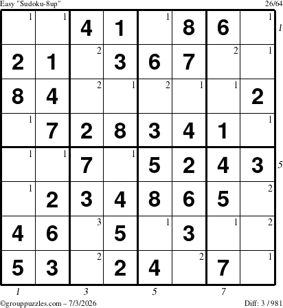 The grouppuzzles.com Easy Sudoku-8up puzzle for Friday July 3, 2026, suitable for printing, with all 3 steps marked