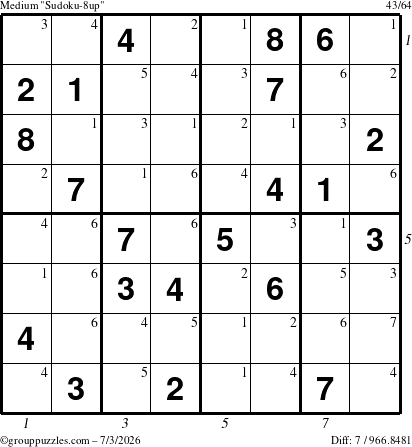 The grouppuzzles.com Medium Sudoku-8up puzzle for Friday July 3, 2026 with all 7 steps marked