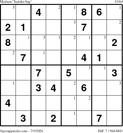The grouppuzzles.com Medium Sudoku-8up puzzle for Friday July 3, 2026 with the first 3 steps marked