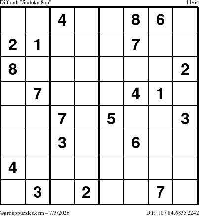 The grouppuzzles.com Difficult Sudoku-8up puzzle for Friday July 3, 2026