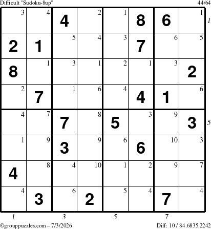 The grouppuzzles.com Difficult Sudoku-8up puzzle for Friday July 3, 2026 with all 10 steps marked